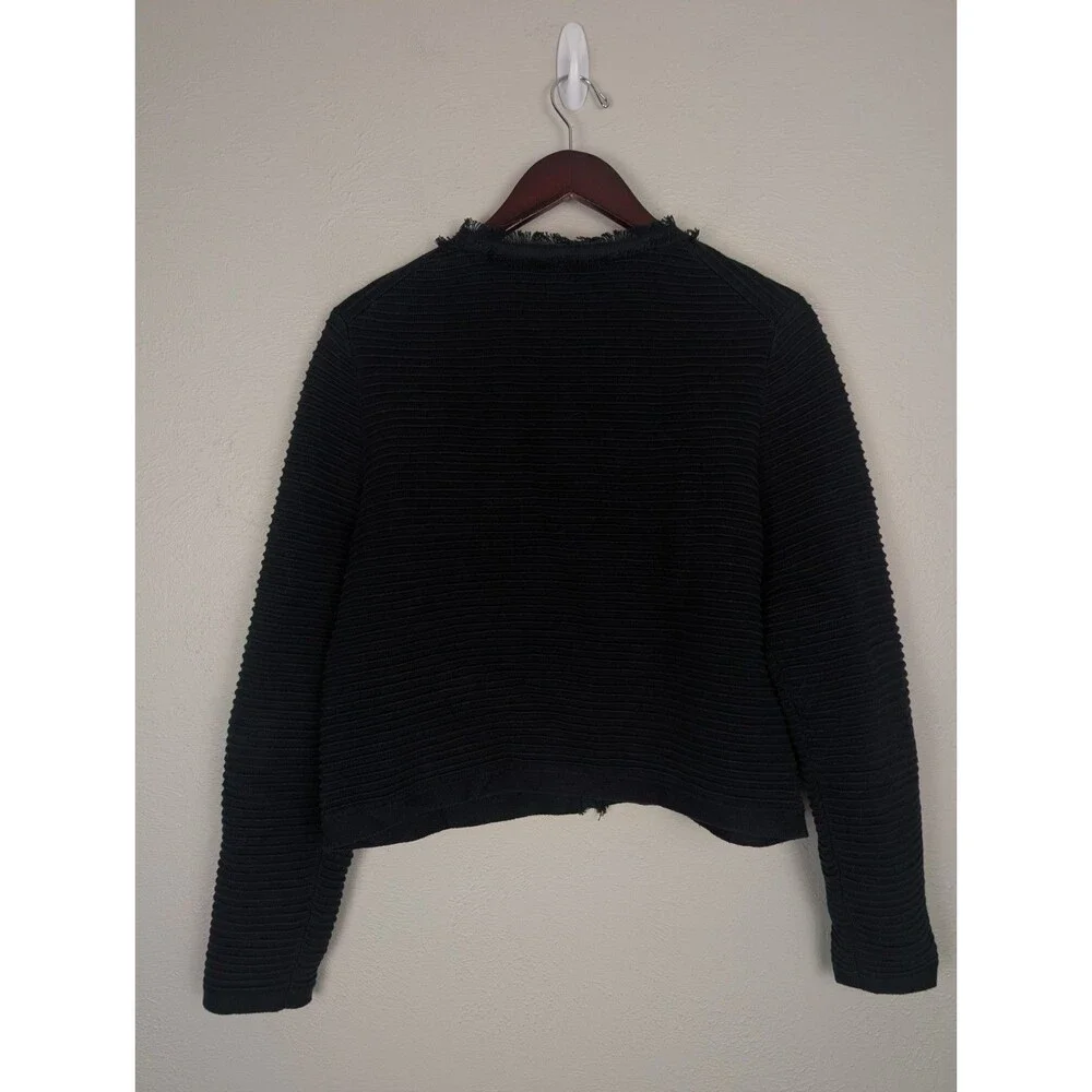 J. Crew Emilie Sweater Lady Jacket Textured Cotton Fringe Gold Buttons Black L